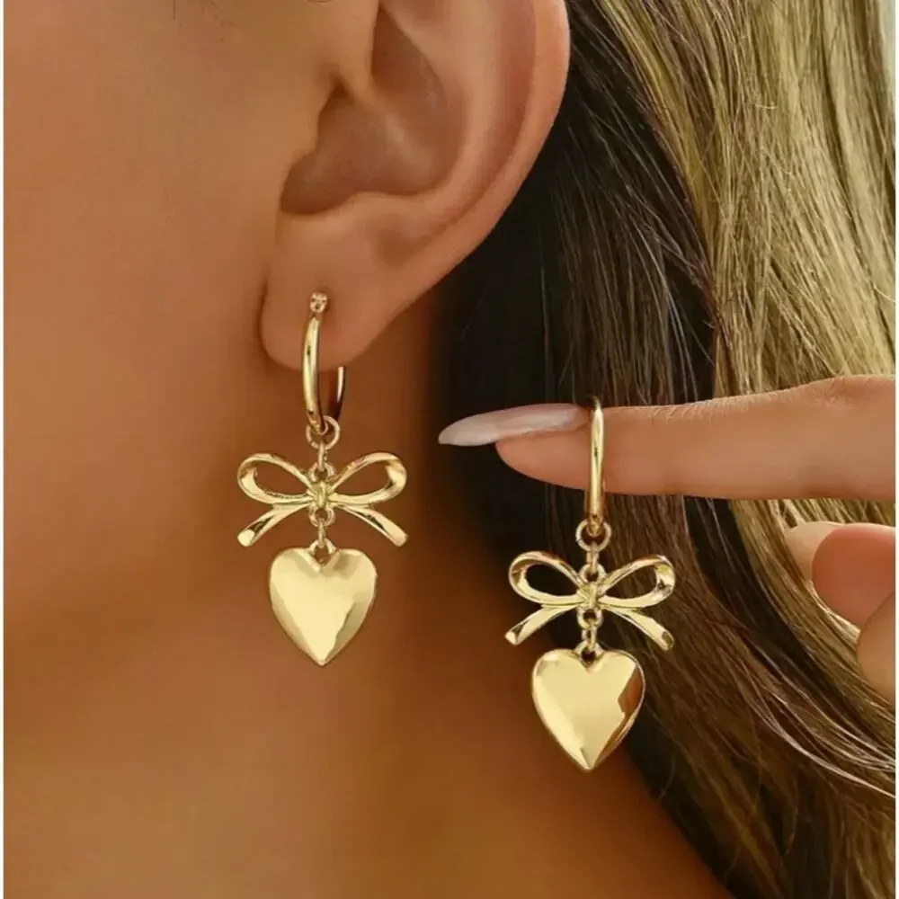 NEW - Pair of hoop bow earrings w/ dangling hearts and coquette bow, Gold